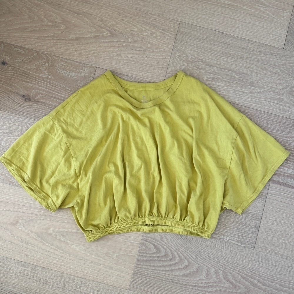 Aerie Green Cotton Jersey Cropped Crew Neck Short Sleeve Top Elastic Hem M